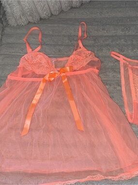 Victoria's Secret Coral Orange Sheer Lace Babydoll Chemise with Satin Bow